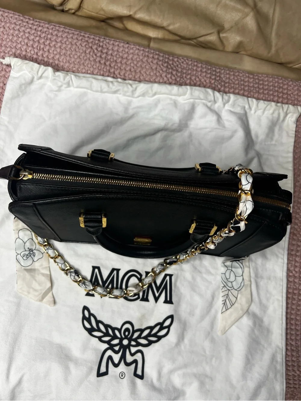 MCM Black Saffiano Leather Satchel Top Handle Crossbody Bag Gold Hardware